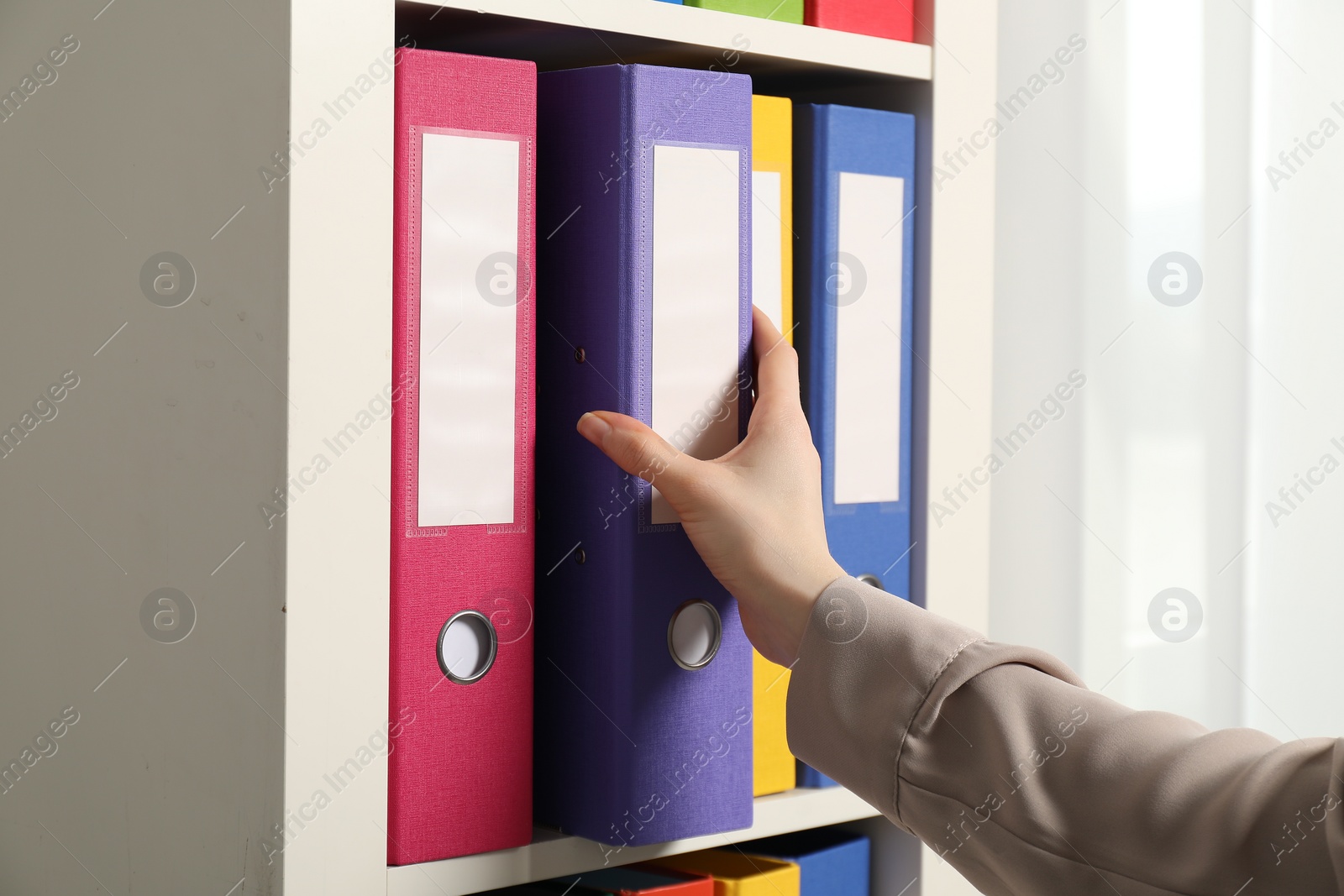 Photo of Woman taking binder office folder from shelving unit indoors, closeup