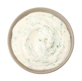 Photo of Tasty creamy dill sauce in bowl isolated on white, top view