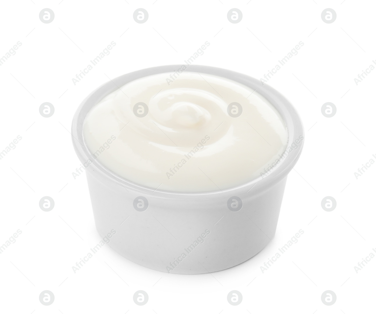 Photo of Bowl with sour cream on white background