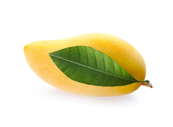 Fresh ripe mango with green leaf isolated on white