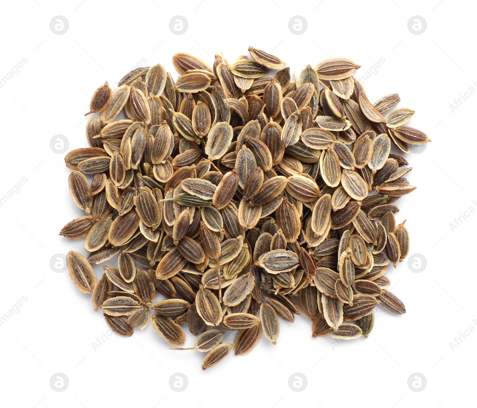 Photo of Pile of dry dill seeds isolated on white, top view