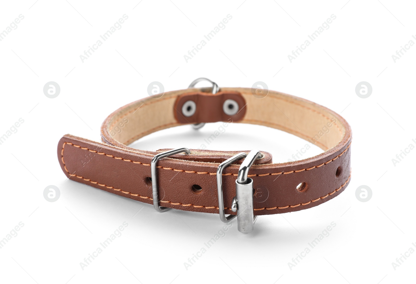 Photo of Leather collar for dog on white background. Pet accessory