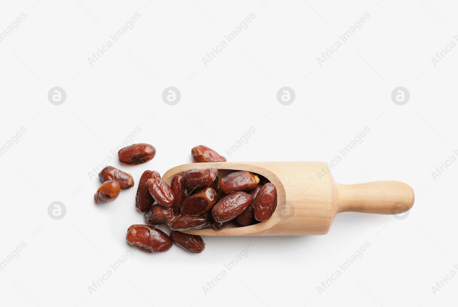 Photo of Scoop with sweet dried date fruits on white background, top view