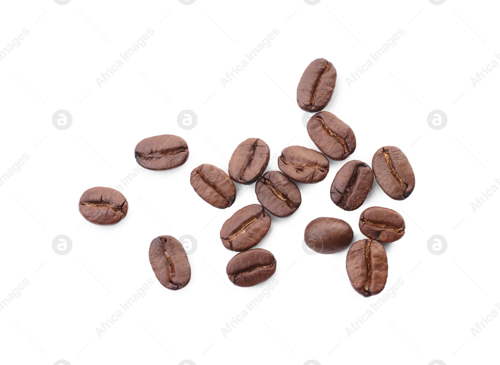 Photo of Many roasted coffee beans isolated on white, top view