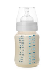 Photo of Feeding bottle with infant formula on white background. Baby milk