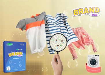 Powdered laundry detergent advertisement design. Woman looking through magnifying glass at clothes, closeup