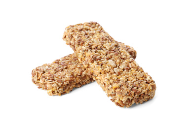 Crunchy granola bars on white background. Healthy snack