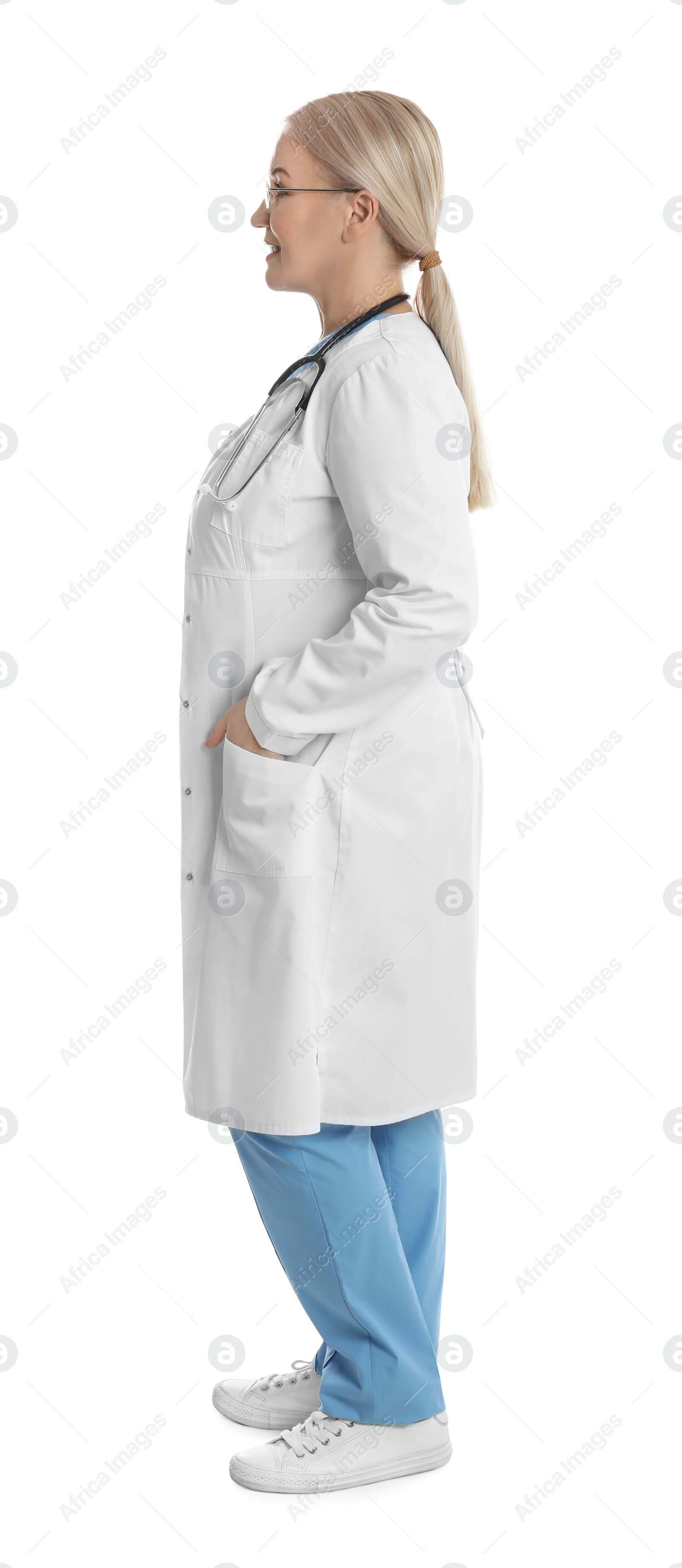 Photo of Doctor in clean uniform on white background