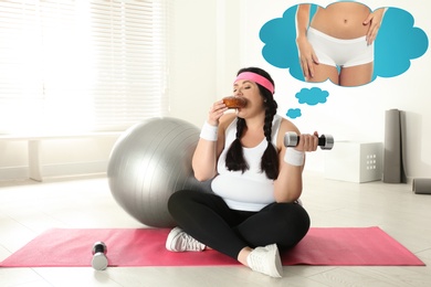 Image of Overweight woman dreaming about slim body while pretending to do exercises and eating bun. Weight loss concept