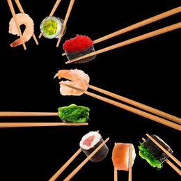 Collage of different sushi rolls and shrimps on black background