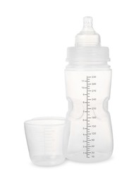 Photo of One empty feeding bottle for baby milk isolated on white