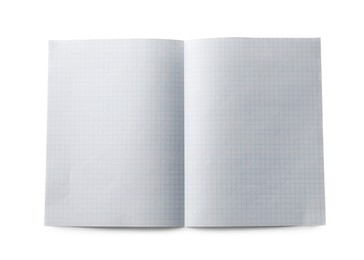Photo of Checkered sheet of paper with crease on white background, top view
