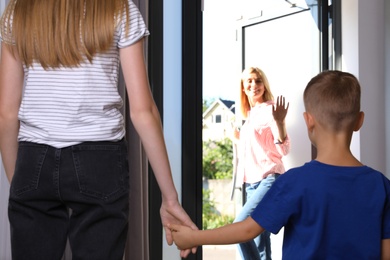 Mother leaving her little son with teen nanny at home