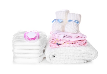 Set of baby accessories on white background