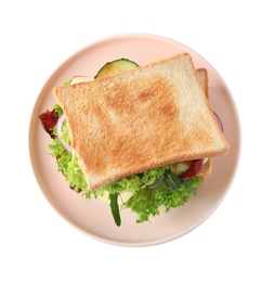 Photo of Yummy sandwich isolated on white, above view