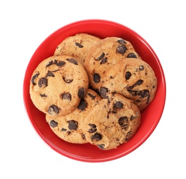 Plate with chocolate chip cookies on white background, top view