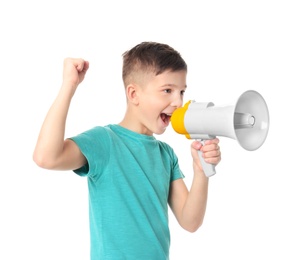 Photo of Cute little boy with megaphone on white background