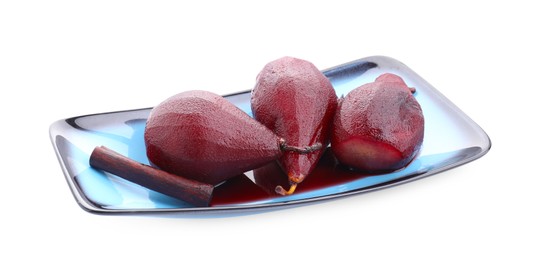 Tasty red wine poached pears and spices isolated on white