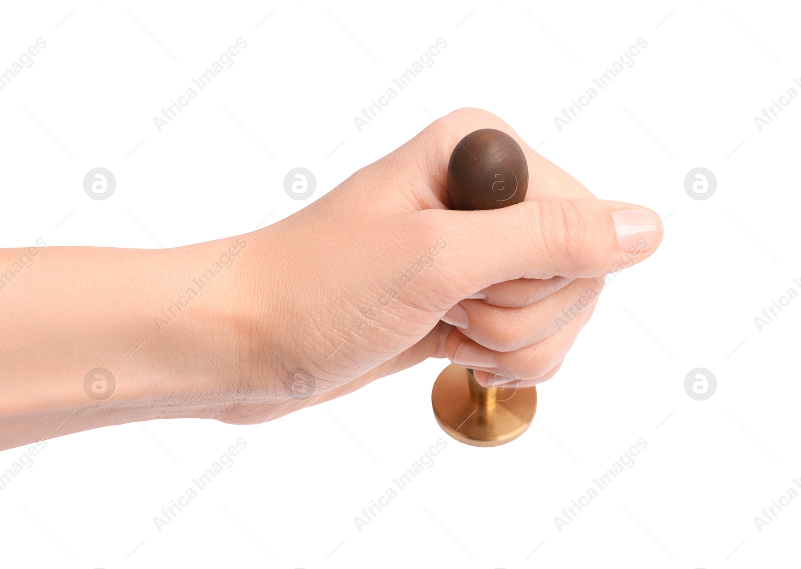 Photo of Woman with stamp on white background, closeup