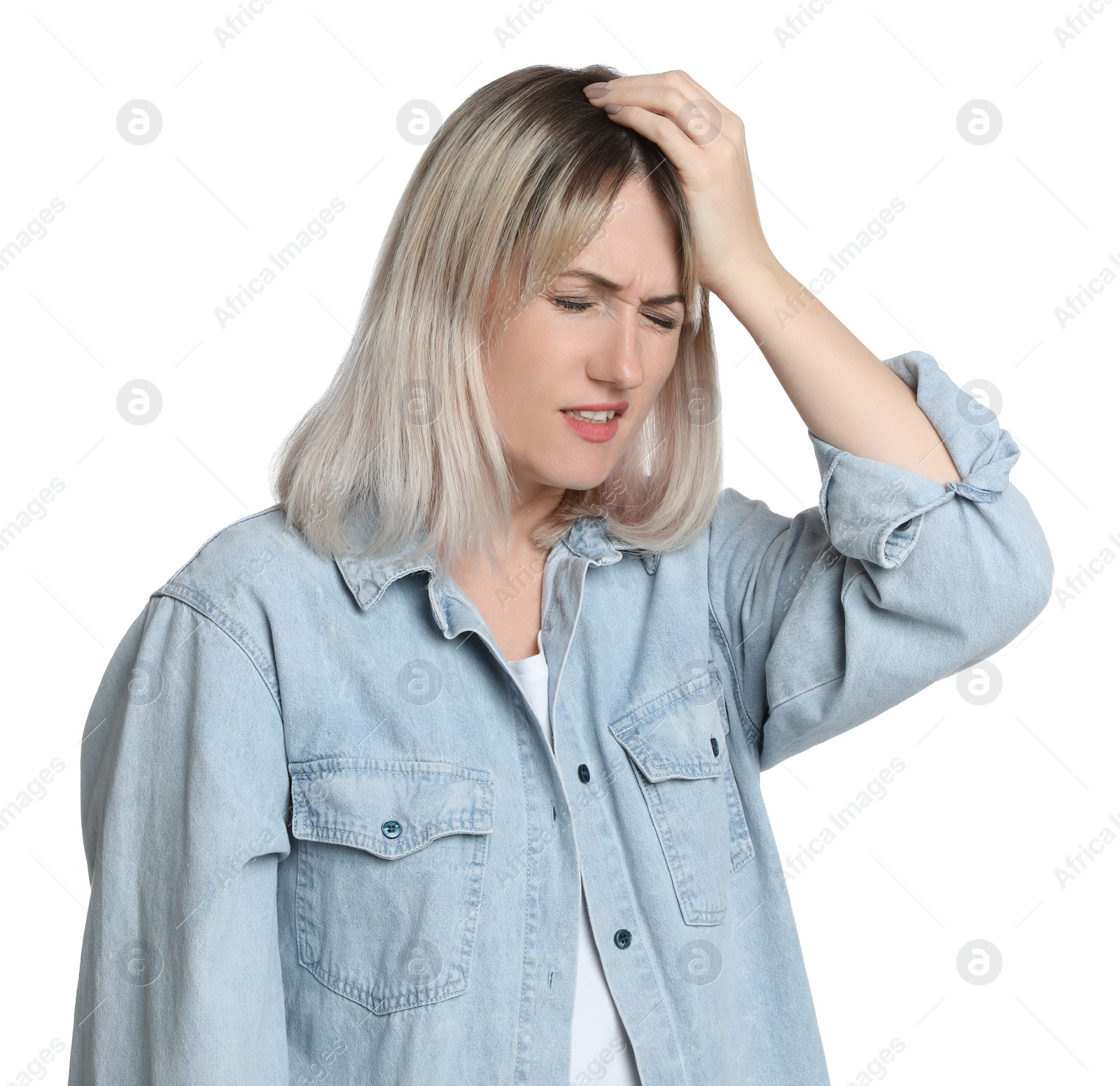 Photo of Woman suffering from headache on white background