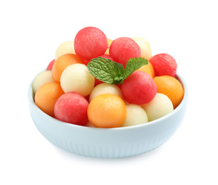Photo of Melon balls and mint isolated on white