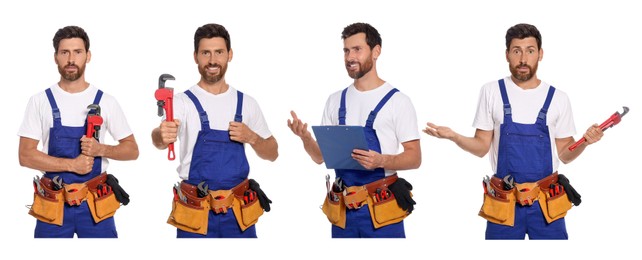 Image of Collage with photos of professional plumber on white background. Banner design