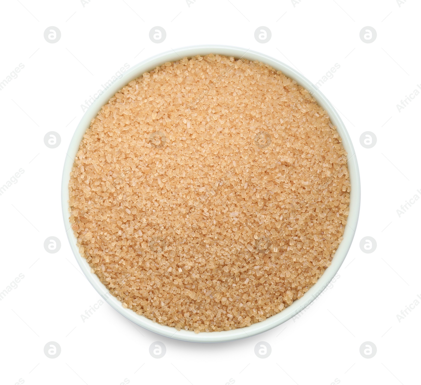 Photo of Brown sugar in bowl isolated on white, top view