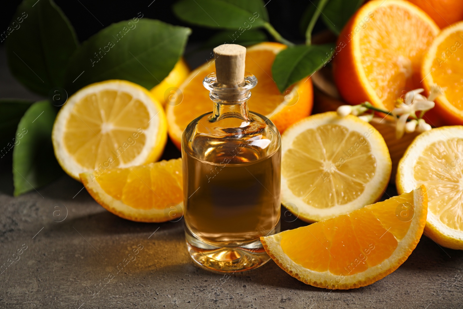 Photo of Bottle of essential oil and citrus fruits on grey table