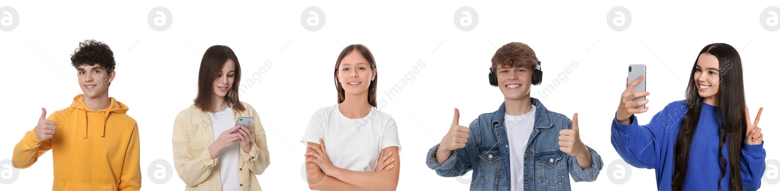 Image of Collage with photos of teenagers on white background