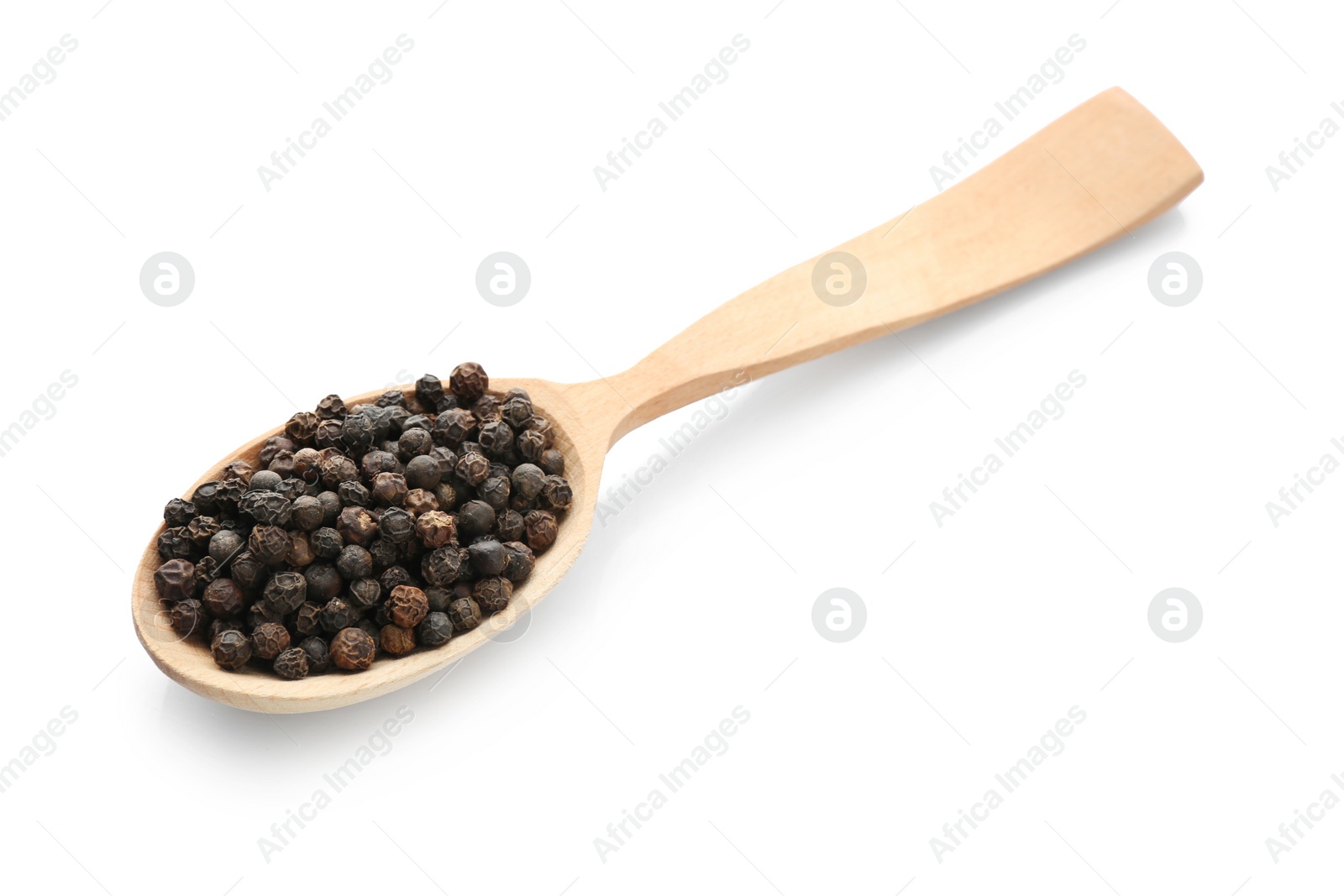 Photo of Wooden spoon with black pepper grains on white background