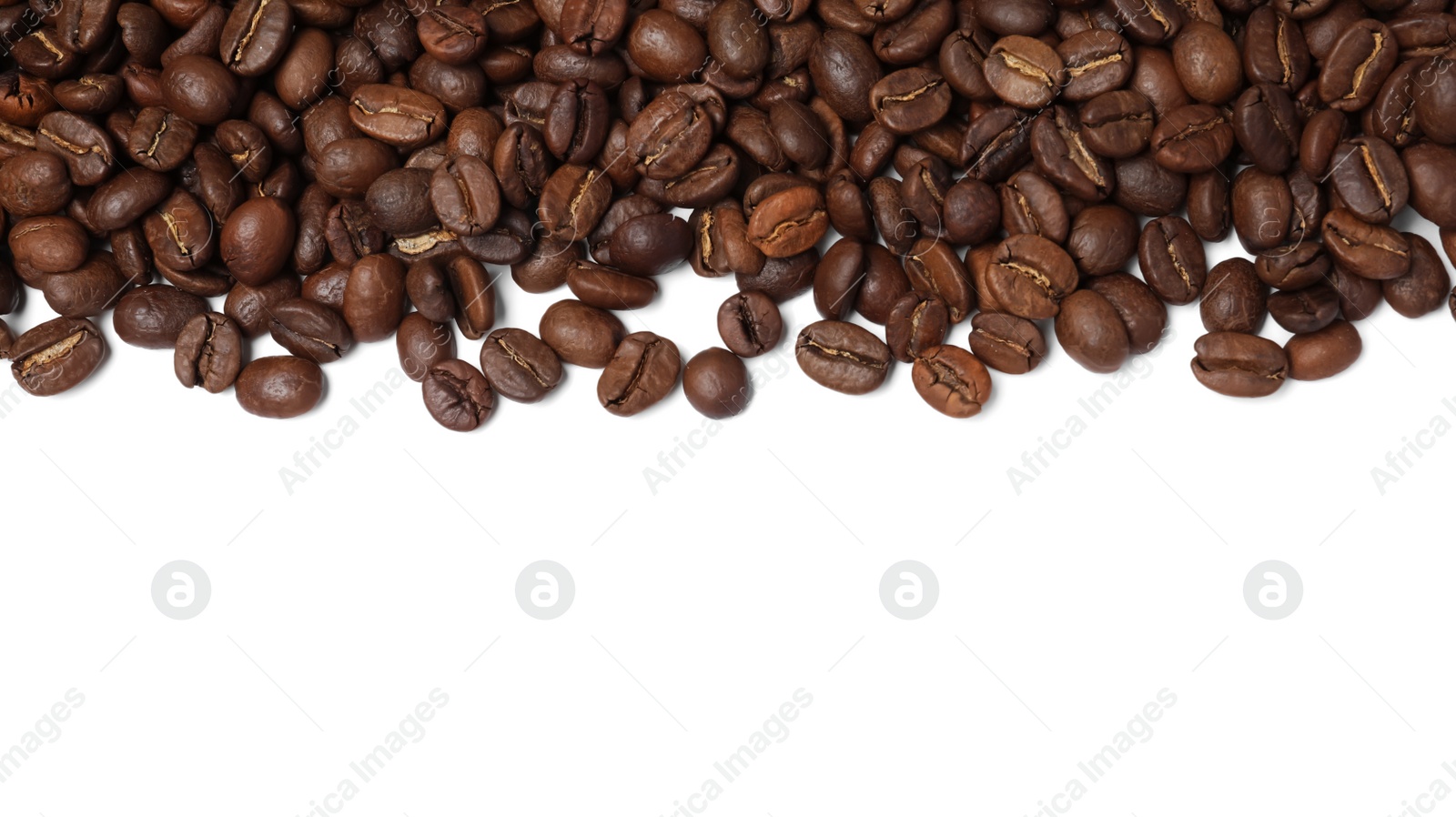 Photo of Many roasted coffee beans on white background, top view