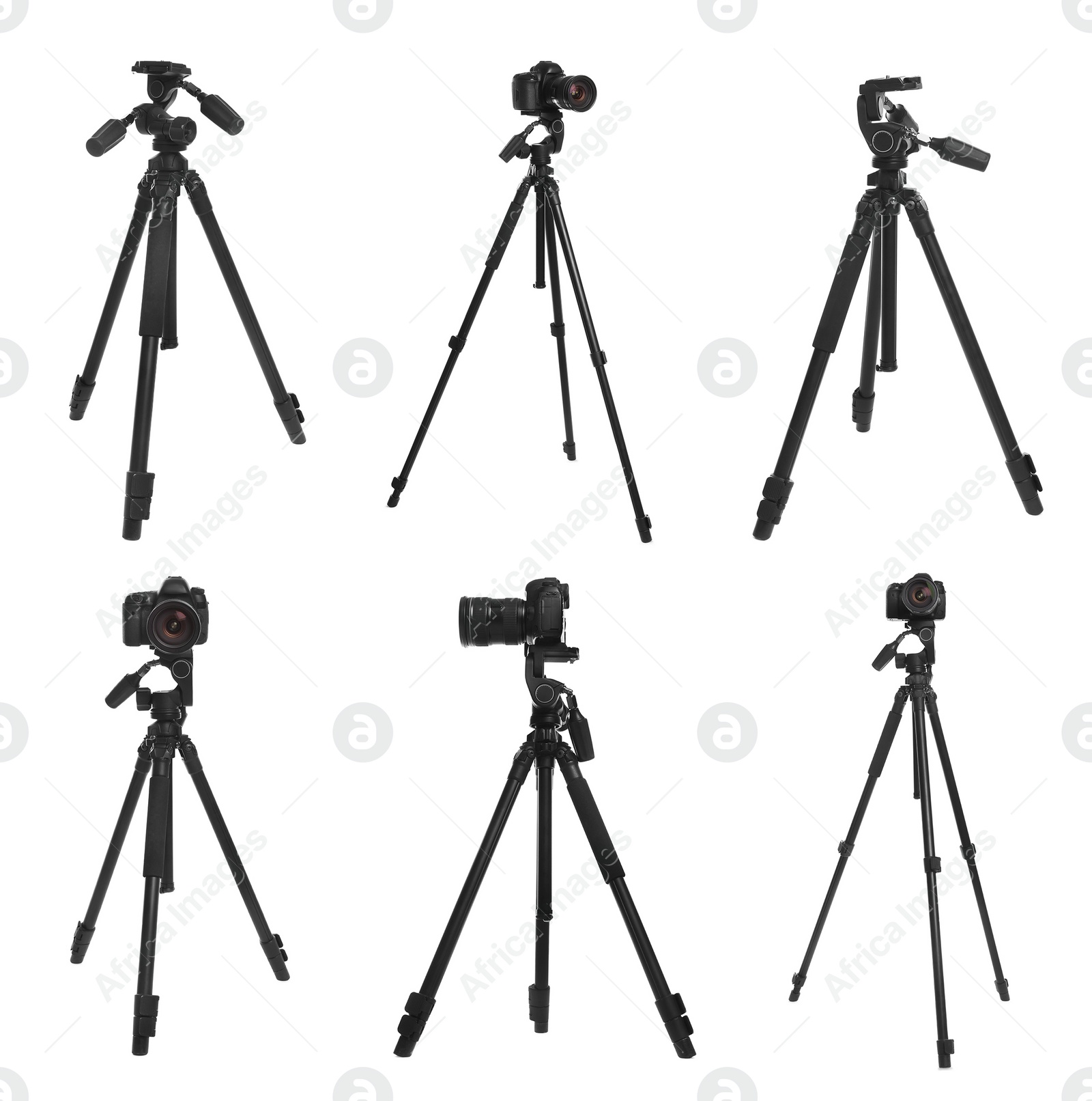 Image of Set of modern tripods with professional cameras on white background 