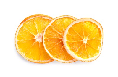 Photo of Delicious dry orange slices on white background, top view