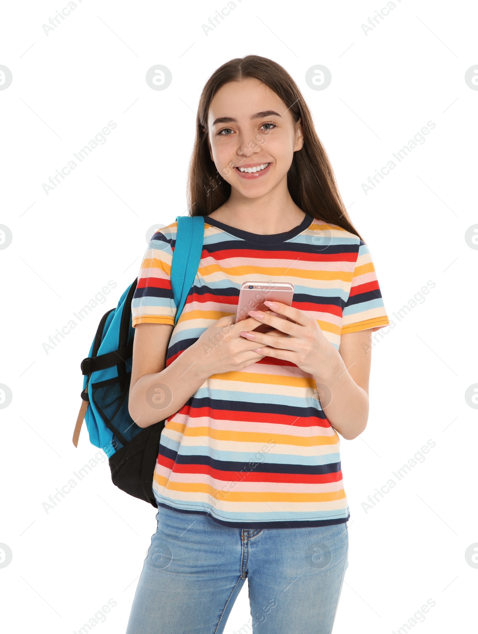 Photo of Beautiful teenager girl with mobile phone on white background