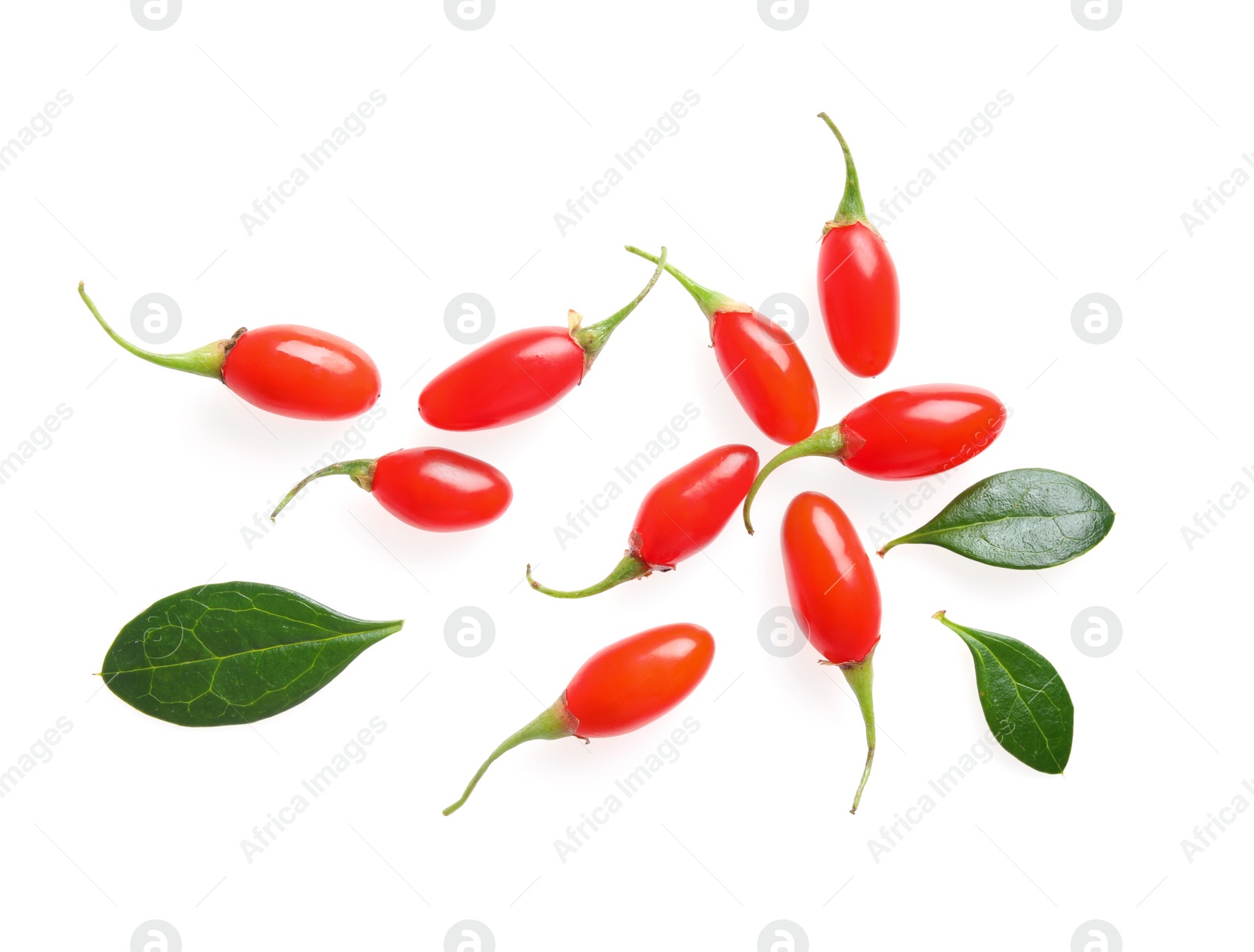 Photo of Fresh ripe goji berries and leaves on white background, top view