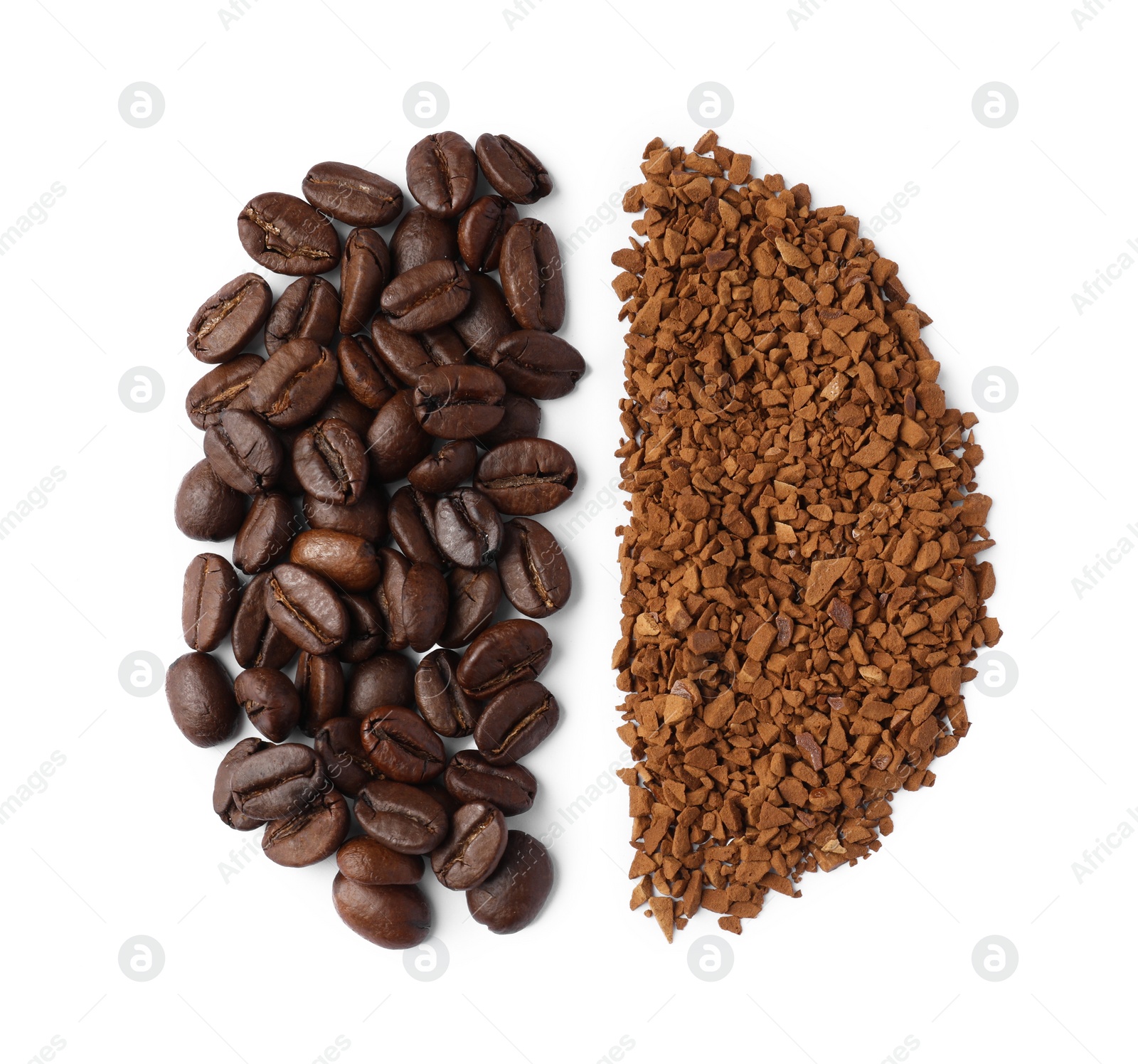 Photo of Instant coffee and beans on white background, top view