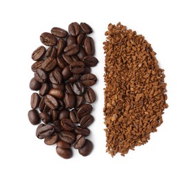 Photo of Instant coffee and beans on white background, top view