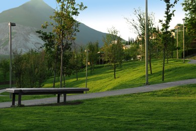 Photo of Wooden bench in beautiful park near mountains
