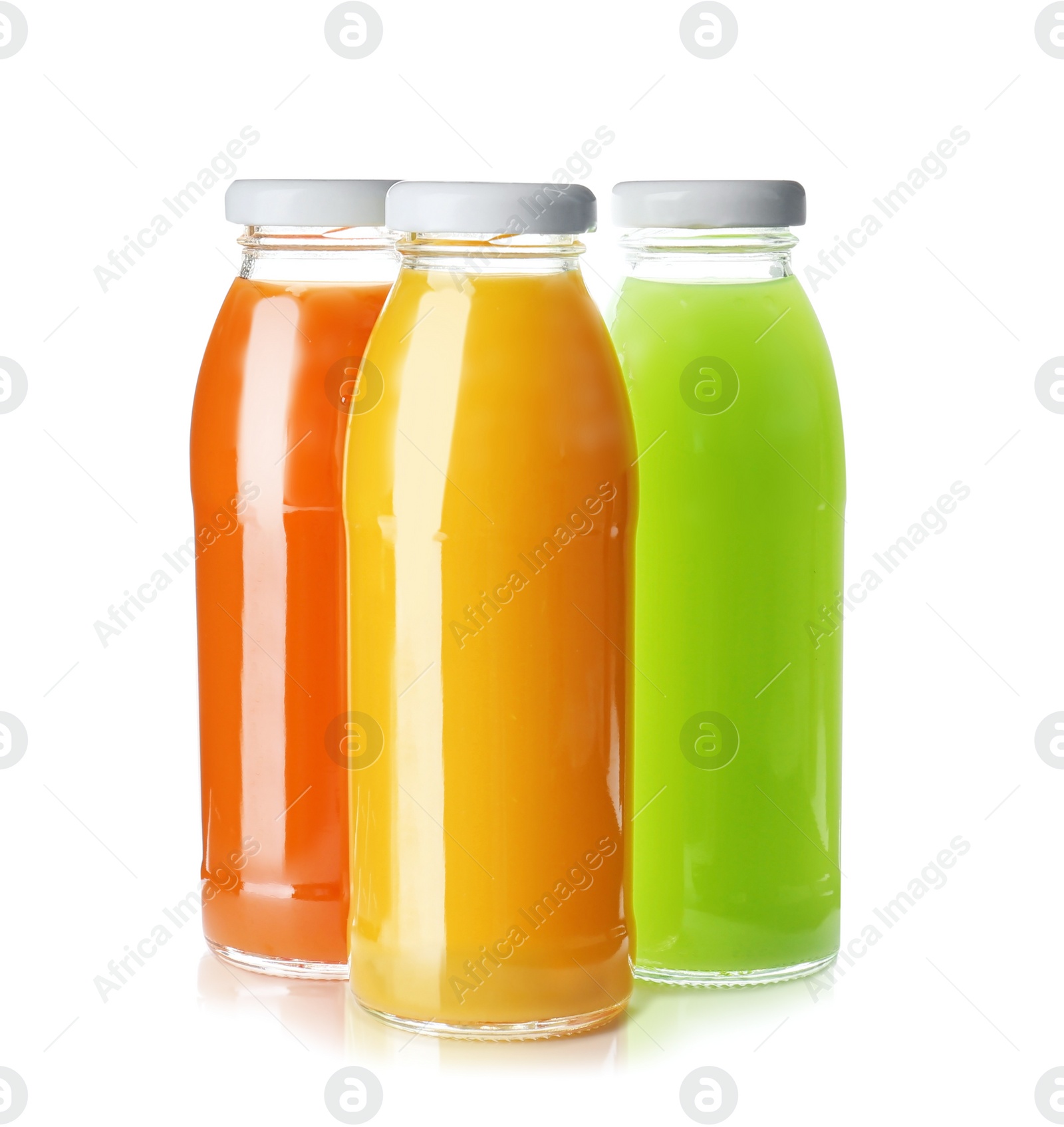 Photo of Bottles with fresh juices on white background