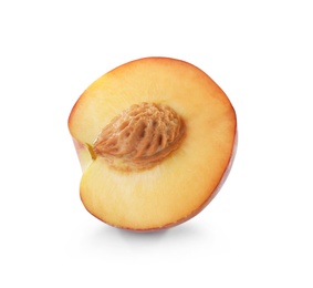 Photo of Half of sweet juicy peach on white background