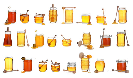 Image of Set of organic delicious honey on white background