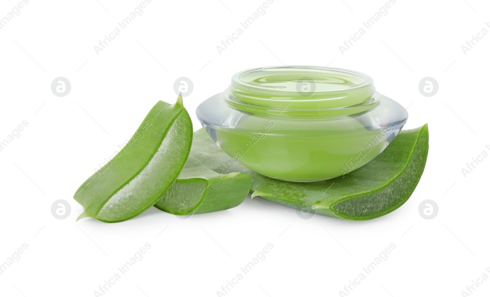 Photo of Jar of natural gel and cut aloe leaves isolated on white