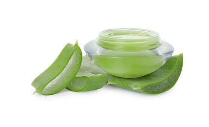 Jar of natural gel and cut aloe leaves isolated on white