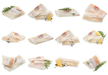 Image of Pieces of raw cod fish isolated on white, set