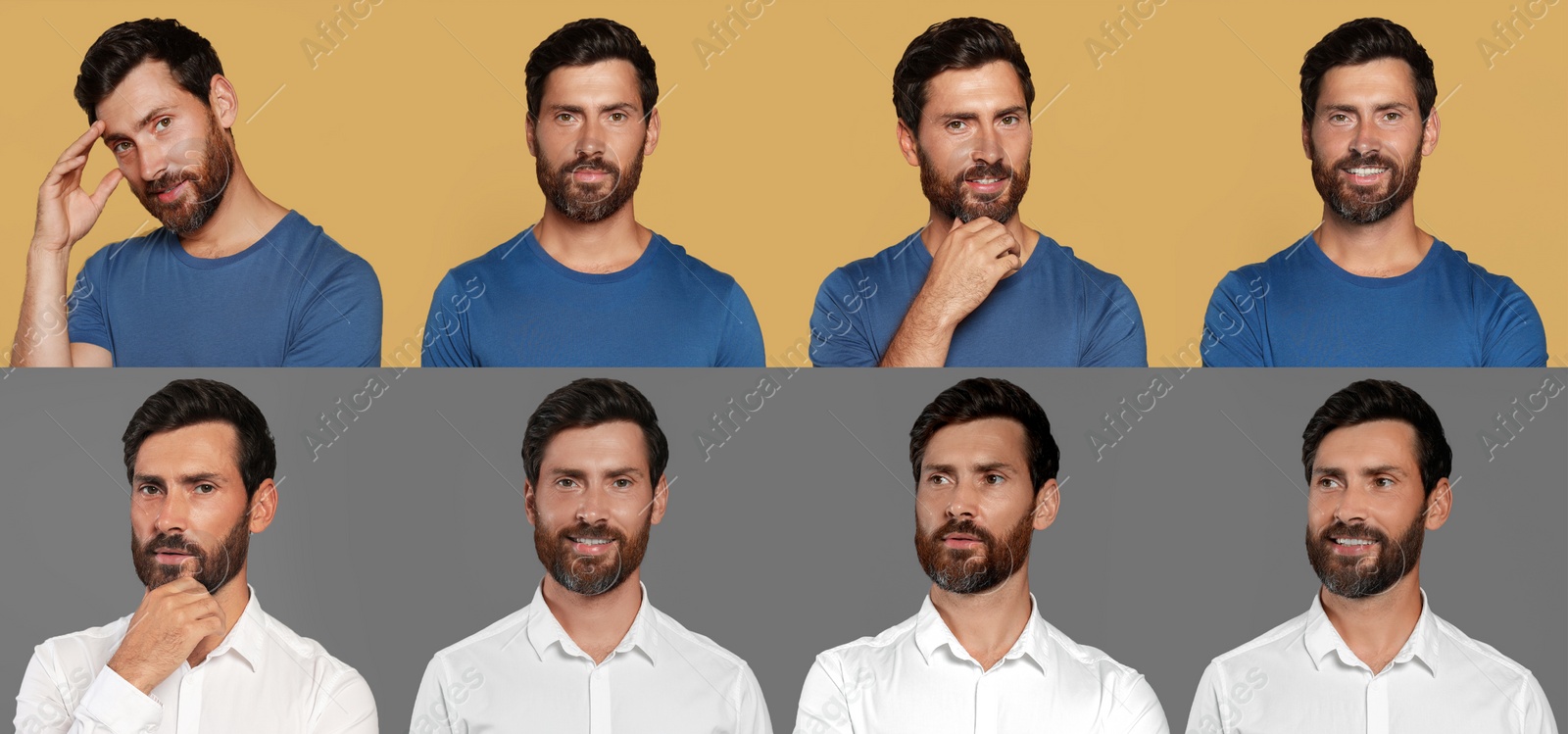 Image of Collage with photos of handsome bearded man on color backgrounds. Banner design