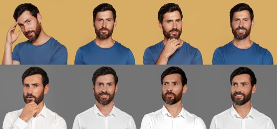 Image of Collage with photos of handsome bearded man on color backgrounds. Banner design