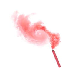 Woman with color smoke bomb on white background, closeup