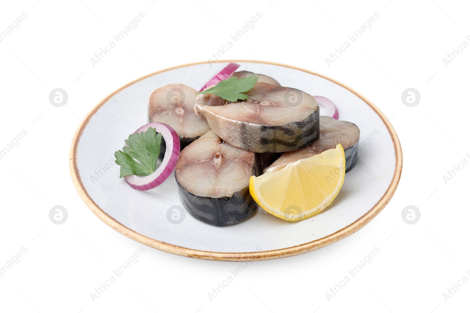 Photo of Slices of tasty salted mackerel with lemon and onion isolated on white