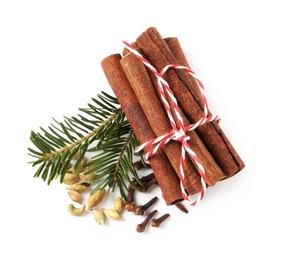 Photo of Different spices and fir branches on white background, top view