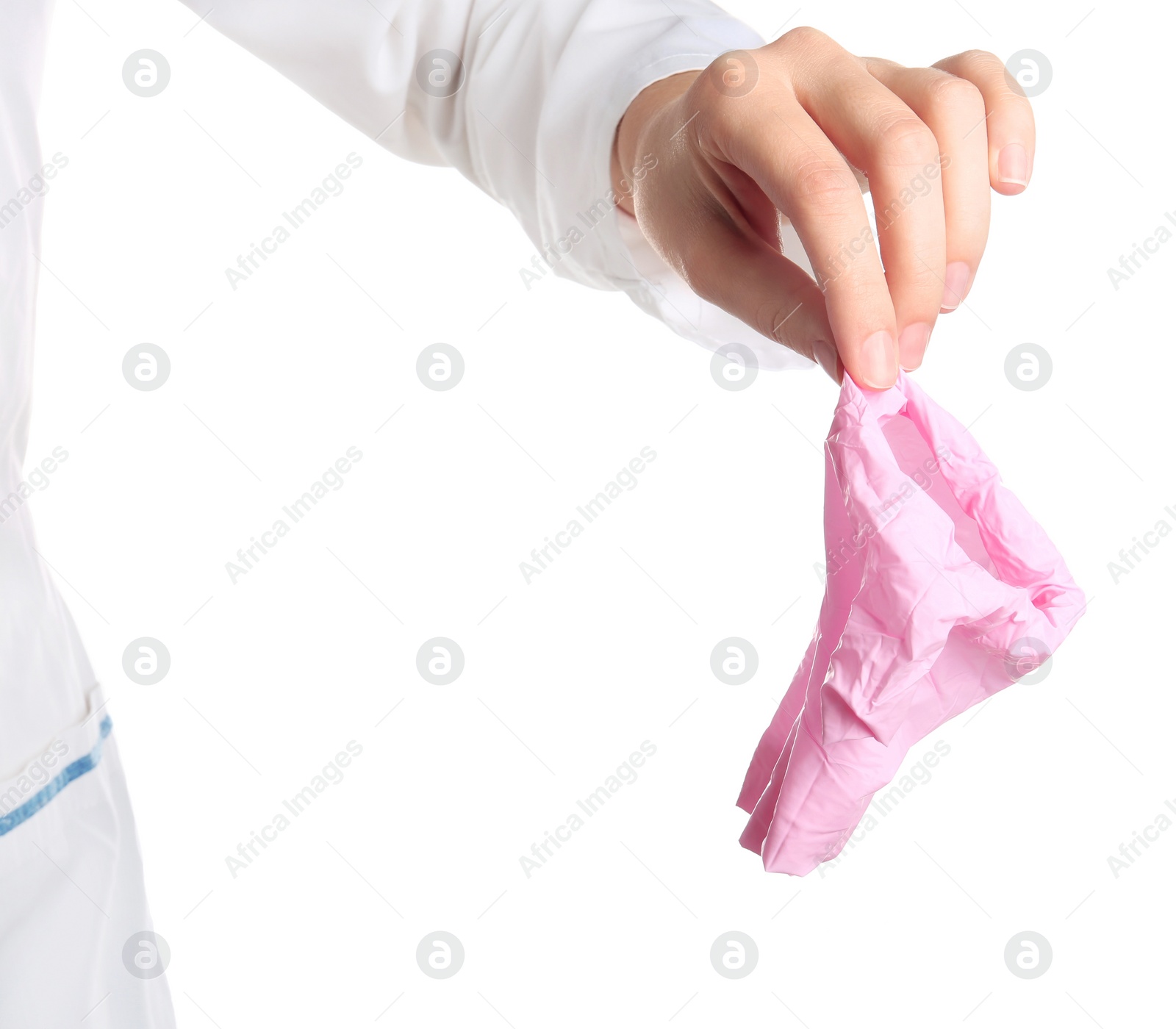 Photo of Doctor with used medical glove on white background